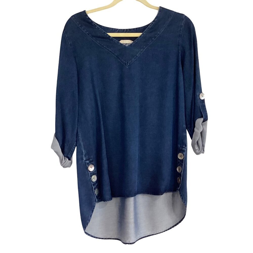 Soft Surrounding Blue V-Neck Tunic Blouse 3/4 Roll Tab Sleeve Size S 100% Tencel